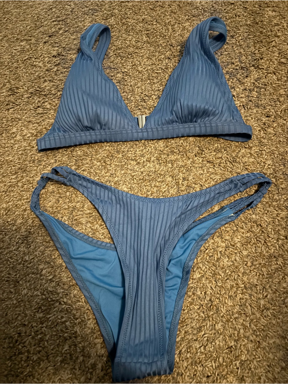 Cupshe Ribbed Light Blue Triangle Bikini Set - Picture 1 of 2